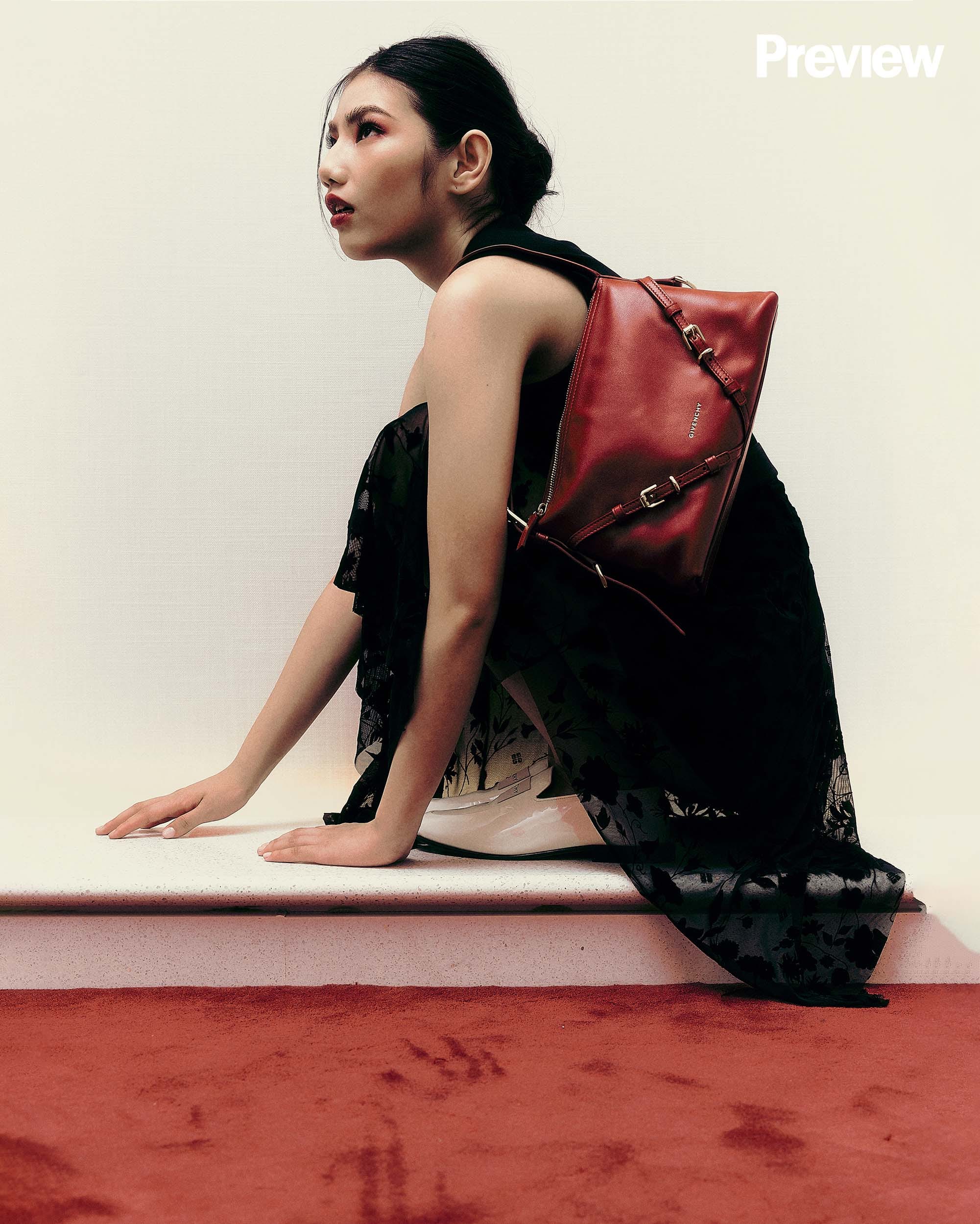 ON FRANCHESKA: Black dress, P148,500. Voyou mini - Dark red, P135,000. Ivory loafers, P65,000. GIVENCHY, Greenbelt 4.